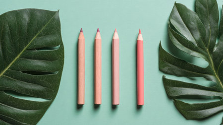 Four colored pencils of varying shades are presented against a light green backdrop, flanked by large, textured, green leaves. The composition is a flat lay with overhead lighting, creating a clean aesthetic. Suitable for illustrations and designs with themes of art or education.の素材