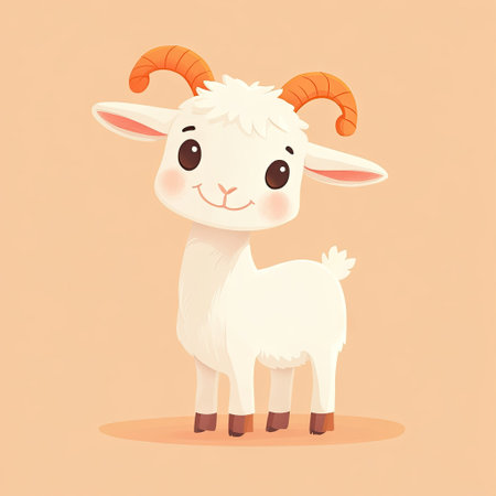 A cartoon illustration depicts a goat character with a light cream coat and orange horns. The image is rendered in a soft, minimalist style, with a simple peach background. The composition suggests an isolated studio setting, suitable for various design projects and editorial uses. The goat's expression is gentle.の素材