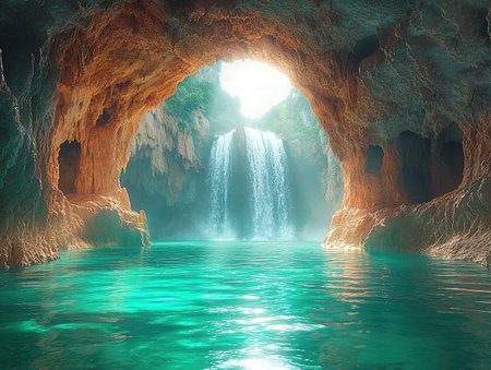 An interior cave reveals a cascading waterfall and a tranquil pool of water. Warm brown tones of the cave contrast with the turquoise water and bright daylight illuminating the scene. The image depicts a natural environment, potentially suitable for travel or environmental-themed projects.の素材