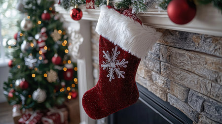 A red Christmas stocking with a snowflake design is displayed above a fireplace, alongside festive decorations. The scene features a Christmas tree with bright lights and ornaments. The image exhibits warm colors and soft lighting, suggesting an indoor setting appropriate for holiday-themed content. It may be used for various commercial or editorial applications.の素材