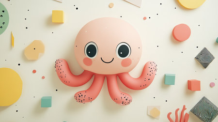 A whimsical illustration features a cartoon octopus in soft pink hues. The image showcases the creature set against a textured, light-toned backdrop, adorned with various colorful geometric shapes. The composition, characterized by soft lighting and a friendly design, is suitable for educational materials or children's content.の素材