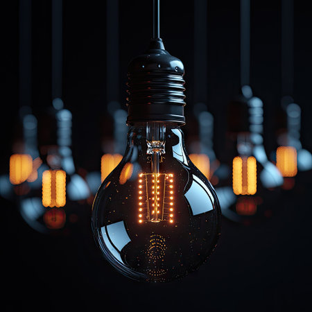 The image captures a collection of hanging light bulbs, with one in sharp focus. The main bulb exhibits a glowing filament, while others are blurred in the background. The scene is dominated by dark tones with hints of reflective surfaces. It is suitable for various applications, including design, illustration, and conceptual projects.の素材