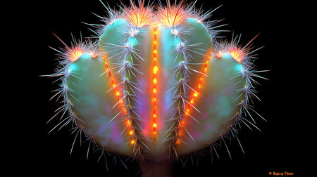 A detailed image showcases a unique cactus, distinguished by its vibrant coloration and intricate details. The plant's textured surface is illuminated with a spectrum of colors, set against a stark black backdrop. This visual could serve various purposes including design projects or conceptual illustrations.の素材