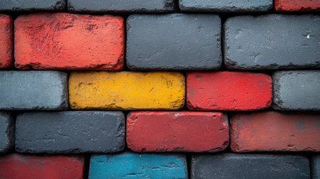 A close-up view displays a brick wall featuring a vivid array of painted colors including red, yellow, and grey. The rough textures and irregular surfaces suggest an exterior environment. The design could be used in projects about construction, design, or background visuals for various commercial or editorial applications.の素材