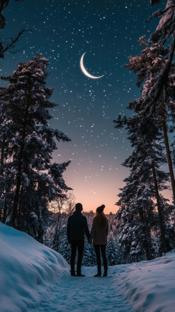 Two individuals stand holding hands along a snowy path beneath a night sky filled with stars and a prominent crescent moon. Tall evergreen trees frame the scene with a moody, romantic atmosphere. The composition features a naturalistic setting, with a subtle gradient of colors in the sky. Suitable for use in imagery related to relationships or travel.の素材