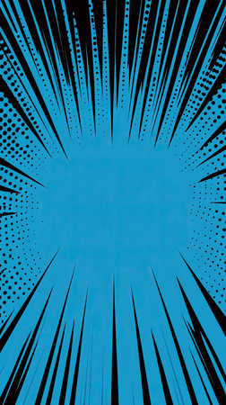 A vibrant graphic illustration features radial lines and dot patterns converging towards a central area, creating a dynamic visual effect. The design employs a bold contrast of black lines against a bright blue backdrop. Suitable for various applications, this image is ideal for use in design, marketing, and editorial contexts.の素材
