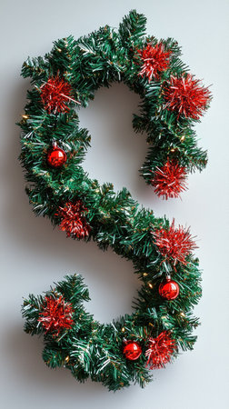 An overhead view displays a festive green wreath formed in an S-shape. Embellished with red ornaments and tinsel, the decoration sits against a white background. This image showcases holiday cheer and could be used for festive advertising or design projects during the season.の素材