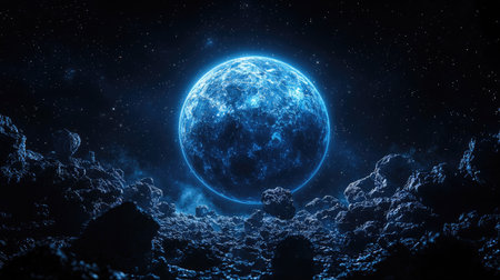A vibrant blue planet glows intensely against a black void, surrounded by asteroid formations. The image showcases an otherwordly atmosphere with dramatic lighting that creates a captivating visual composition. Ideal for science fiction illustrations, conceptual designs, and creative projects, it provides a sense of the vast universe.の素材