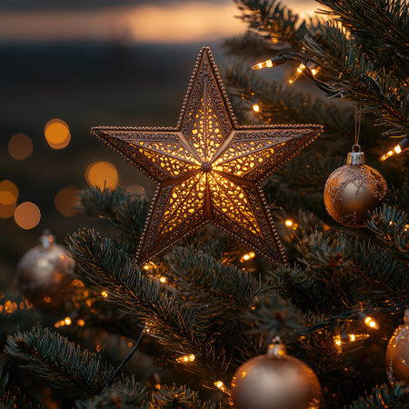 A detailed image shows a decorative star ornament illuminated on a Christmas tree. The ornament, set against blurred lights, features warm colors and a detailed cutout pattern. The overall composition creates a cozy, celebratory atmosphere with a suggestion of festive activities and seasonal applications.の素材