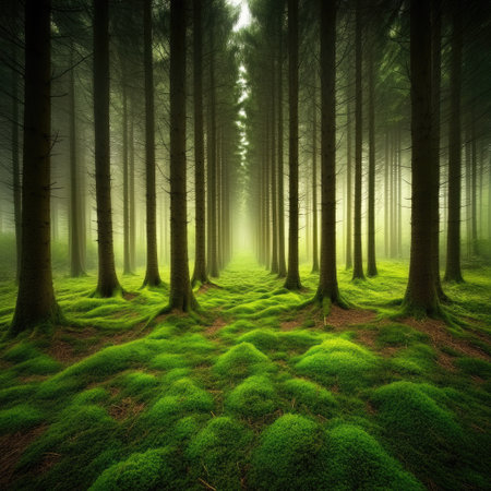 An overhead view reveals a dense forest, dominated by tall, slender trees with dark bark. The forest floor is covered in vibrant green moss, creating a textured carpet. Soft, diffused lighting suggests a hazy atmosphere. This image could be suitable for environmental, nature, or landscape themed projects.の素材