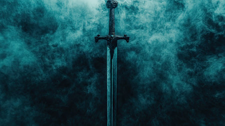 A close-up captures a sword against a backdrop of swirling mist and shadowed darkness. The metal weapon, prominently displayed, reveals detailed craftsmanship. The scene showcases a combination of cool colors and dynamic lighting effects, lending an air of mystery and anticipation. Ideal for illustrating fantasy or historical concepts in commercial projects.の素材