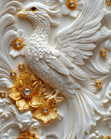 An intricately detailed white bird sculpture is set against a textured, light background. The artwork incorporates gold-colored flowers and accents, offering a sense of luxury and sophistication. The overall style is ornate, potentially suitable for decorative design or artistic purposes. The image is ideal for various commercial applications.の素材