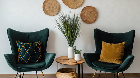 Two plush armchairs in a well-lit interior are the focal point, accented by decorative wall elements and a small table. Green and gold tones are prominent, creating a comfortable space. This interior design image could be used for various projects related to home decor and lifestyle, including advertising and editorial content.の素材