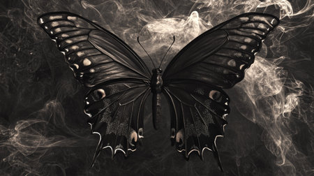 A detailed illustration depicts a black butterfly with open wings showcasing intricate patterns. The artwork emphasizes the insect's symmetry and texture. Set against a dark, smokey backdrop, the composition utilizes monochrome tones. Ideal for artistic projects and commercial applications, this image evokes a sense of elegance and mystery.の素材