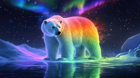 A digital illustration presents a polar bear standing in water under a vibrant aurora. The bear features colorful hues, contrasting with the dark background and starry sky. The artwork uses stylized rendering, potentially for commercial designs or artistic projects, evoking imagination.の素材
