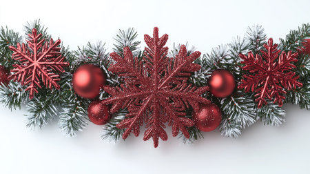 A close-up view displays a Christmas garland featuring red glitter snowflakes and spherical ornaments. The garland is set against a background of white. The composition uses bright lighting to highlight the textures and festive holiday decorations. Suitable for seasonal promotions and editorial use.の素材