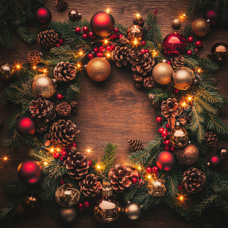 An overhead view displays a circular Christmas wreath, laden with ornaments, pine cones, and lights, arranged on a textured wooden surface. The composition showcases a balance of red and gold hues. It suggests a celebratory mood suitable for seasonal projects or holiday-themed commercial applications.の素材