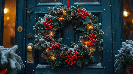 A detailed image showcases a Christmas wreath adorned with vibrant red berries, pinecones, and warm lights. The wreath is set against a blue door with a golden handle. The style is soft focus, suggesting a festive environment, potentially suitable for holiday-themed advertising or editorial content.の素材