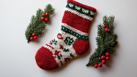 A close-up captures a vibrant red and white knitted Christmas stocking, adorned with green accents. The composition includes sprigs of evergreen with red berries, arranged on a pristine white backdrop. The soft texture and festive design suggest holiday cheer and could be used for various commercial or editorial applications.の素材