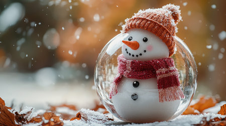 A whimsical snowman wearing a winter hat and scarf is enclosed within a transparent glass sphere. The image displays a shallow depth of field, with soft focus on the background. Warm hues of red and orange contrast with the snowman's bright white body, suggesting a playful seasonal theme. It could be suitable for holiday-themed publications or decorative purposes.の素材