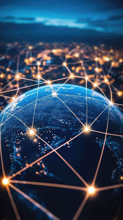 An artistic depiction of global connectivity featuring an Earth globe overlaid with a network of glowing nodes. The image displays a dark blue and gold color palette, enhanced by bright lights representing urban areas. This conceptual image may be used for a wide range of topics, including technology and communication.の素材