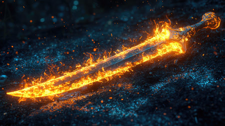 An illustration depicts a sword engulfed in flames. The artwork showcases vibrant orange and yellow hues, with a detailed metal texture. The composition utilizes low-key lighting against a dark backdrop, creating a dramatic visual effect. Suitable for use in various commercial and editorial projects.の素材