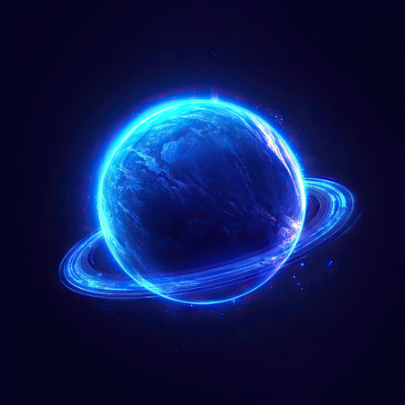 A vibrant digital illustration depicts a celestial sphere encircled by luminous rings. The artwork showcases a predominantly blue color scheme, enhanced with glowing effects. The composition, set against a dark backdrop, evokes a sense of cosmic beauty and technological sophistication. Ideal for conceptual design and illustrative applications.の素材