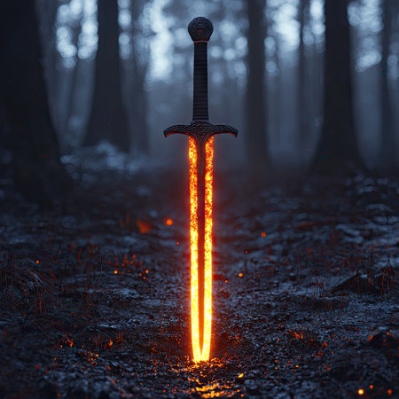 A radiant sword stands upright, emitting a bright orange glow, set against a blurred forest backdrop. The image features a dark and moody ambiance, suggesting nighttime or twilight. This digital artwork could be suitable for fantasy illustrations, book covers, or conceptual designs, perfect for a range of commercial applications.の素材