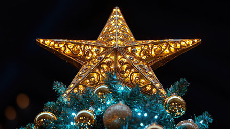 An illuminated golden star decorates the top of a holiday tree, surrounded by ornaments and blue lights. The image showcases intricate details with a soft, warm glow against a dark backdrop. Suitable for holiday-themed publications, seasonal advertising, and festive design projects.の素材