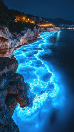 An aerial view captures the vibrant blue bioluminescence along a shoreline at night. The image showcases the natural phenomenon against dark coastal cliffs and the deep sea. This scene may be suitable for illustrating natural wonders and environmental concepts.の素材