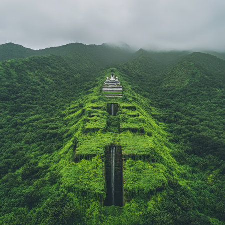 An aerial perspective showcases a vibrant green mountain range covered in lush vegetation. A geometric architectural structure is integrated into the mountain's form. The composition exhibits natural tones and textures under an overcast sky. This image is suitable for various commercial purposes, including travel and environmental themes.の素材