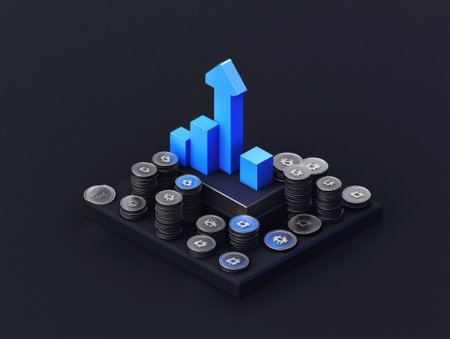 An isometric illustration depicts financial growth using stacks of coins and a rising blue arrow against a dark background. The image features a minimalist style with clean lines and a sense of depth. It could be used in presentations, marketing materials, or financial publications.の素材