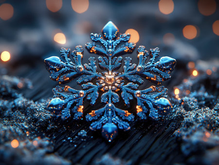 A close-up captures a detailed blue snowflake, resting on a textured surface. The image highlights the snowflake's complex structure with varying shades of blue. Soft bokeh lights in the background add depth. Suitable for holiday projects, seasonal advertising, and design elements.の素材