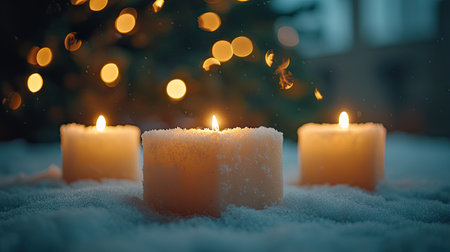 Three lit candles are placed on snow in a softly focused scene, with blurred lights in the background. The image presents a warm, inviting atmosphere with a palette of whites, yellows, and blues, suggesting a winter night. This photograph could be used for various projects related to holidays and celebrations.の素材
