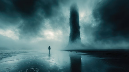 A solitary figure walks on a reflective surface towards a towering waterspout, set against a backdrop of ominous, dark clouds. The image displays a cool color palette with prominent blues and grays, emphasizing a sense of isolation. This dramatic composition could be suitable for visual storytelling and artistic projects, as well as editorial use.の素材