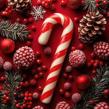 A candy cane with red and white stripes rests among pinecones, berries, and ornaments. The scene showcases a festive arrangement with a vibrant red background and lush evergreen sprigs, evoking holiday spirit. This could be used for various commercial projects related to Christmas, design or seasonal themes.の素材