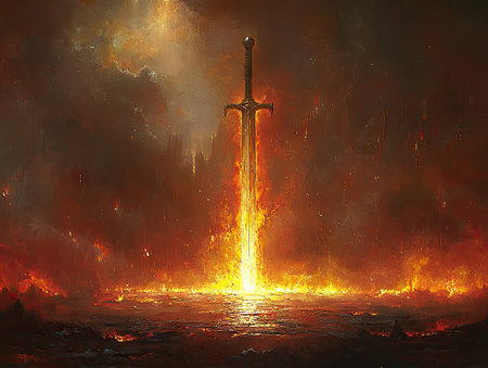 An illustration depicts a sword engulfed in flames, rising from a fiery landscape. The image features vibrant orange and yellow hues, with dramatic lighting enhancing the epic atmosphere. This artistic composition suggests themes of power and conflict. Suitable for various editorial and commercial projects.の素材