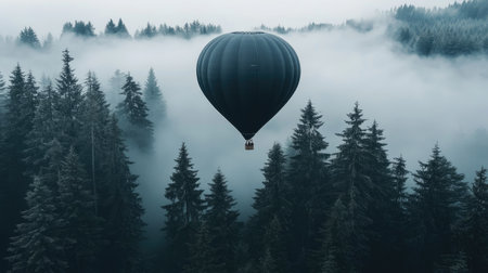 A hot air balloon floats above a dense evergreen forest shrouded in mist. The image showcases a muted color palette dominated by shades of green and grey. The composition uses an overhead perspective, creating a serene and expansive atmosphere. Suitable for editorial and commercial applications.の素材