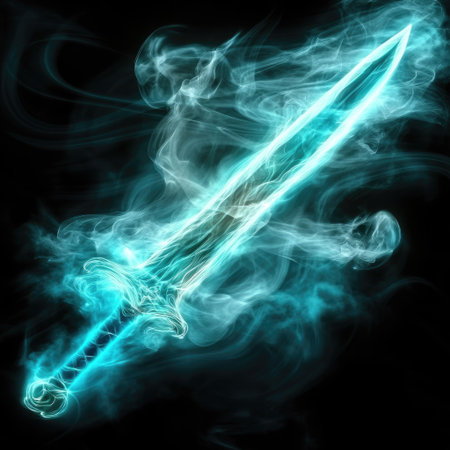 An ethereal sword glows vibrantly, highlighted by swirling, turquoise-colored smoke. The artwork utilizes digital effects to create a luminous and dynamic visual. The composition presents the subject on a black background, with artistic potential for various commercial projects and editorial illustrations.の素材