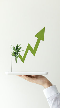 A hand supports a tablet displaying a green upward arrow and a small plant. The composition features a clean white background, contrasting the green elements. The image uses a minimalist style with overhead lighting, creating a bright and airy feel, ideal for concepts like growth or development in various applications.の素材