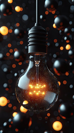 An illuminated light bulb hangs against a dark background, surrounded by bokeh spheres. The image features a shallow depth of field, emphasizing the glowing filament and creating a sense of depth and contrast. Suitable for illustrative or conceptual purposes, this image could be used for various design projects.の素材