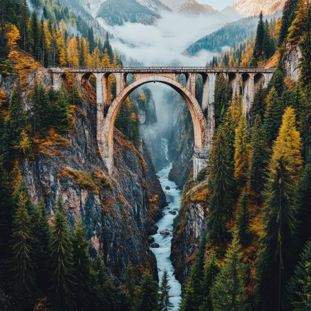 A stone bridge arches gracefully across a deep mountain gorge. Towering trees flank the canyon walls, displaying autumnal colors. A river flows below, with mist adding depth. The scene, bathed in natural light, could be suitable for landscape photography, editorial use, or commercial projects.の素材