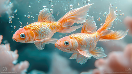 Two goldfish, featuring orange and white hues, swim gracefully amidst a background of bubbles and soft light. The composition highlights the fish with a shallow depth of field, evoking a sense of tranquility. Ideal for aquatic-themed projects, this image may be suitable for illustrating natural elements or decorative designs.の素材