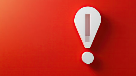 A white exclamation mark is centered against a vibrant red backdrop. The design displays an overhead view, featuring soft shadows and smooth textures. This image could be used for various purposes such as communication, marketing or educational presentations, and other creative projects. The contrasting colors and shape provide visual interest.の素材