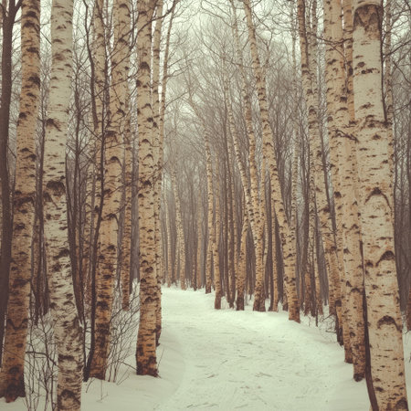 This image showcases a snowy forest scene featuring numerous birch trees. The composition includes vertical tree trunks and a path covered in snow. The palette is dominated by neutral colors. The image could be suitable for editorial or commercial projects related to nature or winter.の素材