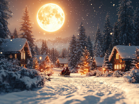 A picturesque winter scene showcases snow-laden houses nestled amongst evergreen trees under a luminous full moon. The composition highlights a trail leading towards the illuminated structures, while snowflakes gently fall. Ideal for seasonal illustrations, greeting cards, and editorial content.の素材