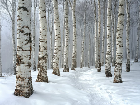 An evocative image displays a grove of birch trees standing tall amidst a blanket of snow. The white trunks contrast with the dark markings, enhanced by the soft, diffused light of a foggy atmosphere. This serene scene might be suitable for editorial content or visual projects requiring winter themes or natural elements.の素材