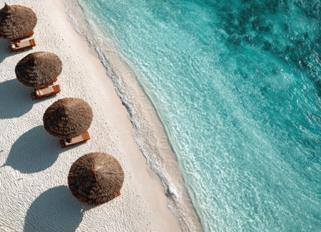 An aerial perspective showcases a sandy beach with thatched umbrellas. The turquoise ocean merges with the white sand, creating a visually appealing contrast. Shadows indicate bright sunlight. This image is suitable for travel, tourism, and vacation-themed projects, offering versatility for various commercial applications.の素材