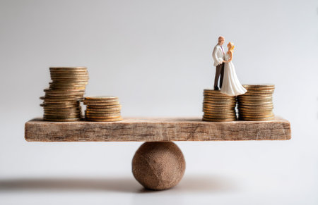 A wooden balance beam displays stacks of gold coins and a wedding couple figurine against a neutral backdrop. The composition features contrasting textures, emphasizing financial aspects of matrimony. The lighting is diffused, and the image lends itself to uses related to relationships and economic concepts.の素材