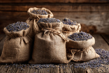Several burlap sacks, filled with dried lavender blossoms, are presented on a rough wooden surface. The composition features a warm, rustic aesthetic with natural tones and textures. This image could be used for various purposes, including articles about natural remedies or product packaging.の素材